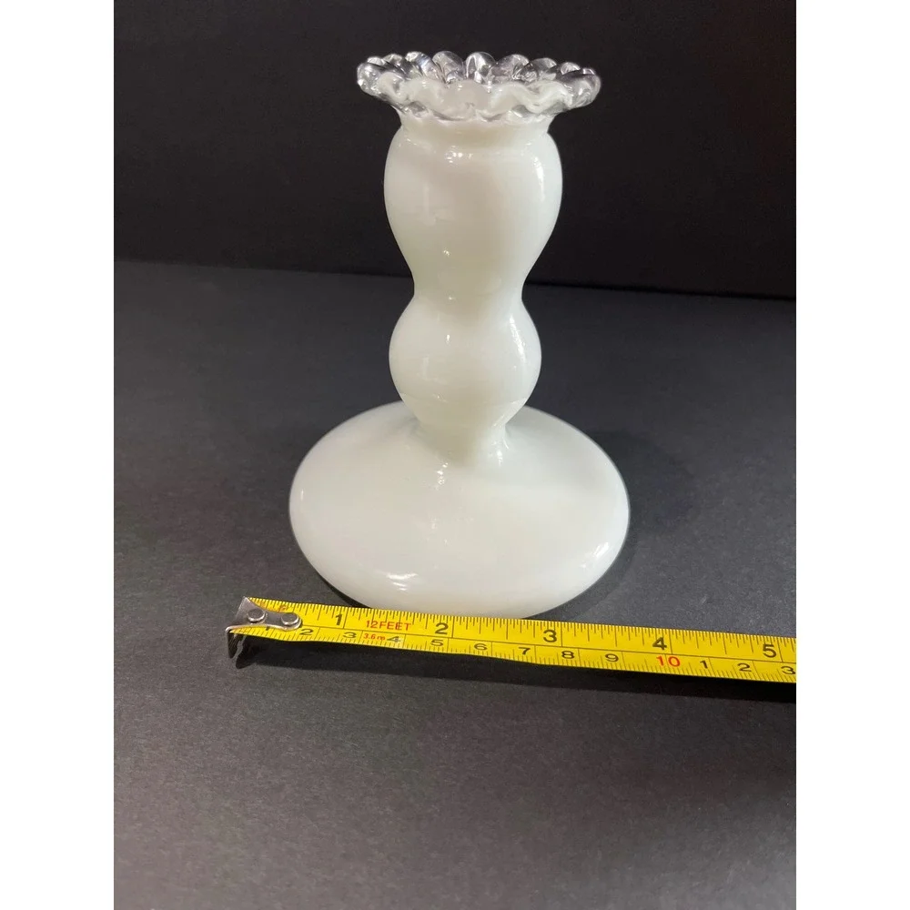 Vintage Fenton Milk Glass Candlestick Holders Pair Clear Ruffled Crest 4.5